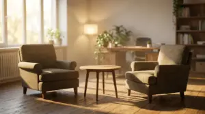 שתי כורסאות ריקות בחדר ייעוץ המואר באור טבעי, המסמלות את המרחב לראיון הקבלה להכשרת יועצים זוגיים.
