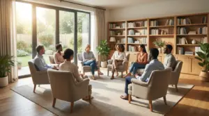 מעגל מטפלים במפגש הדרכה קבוצתית מקצועית בקליניקה מוארת